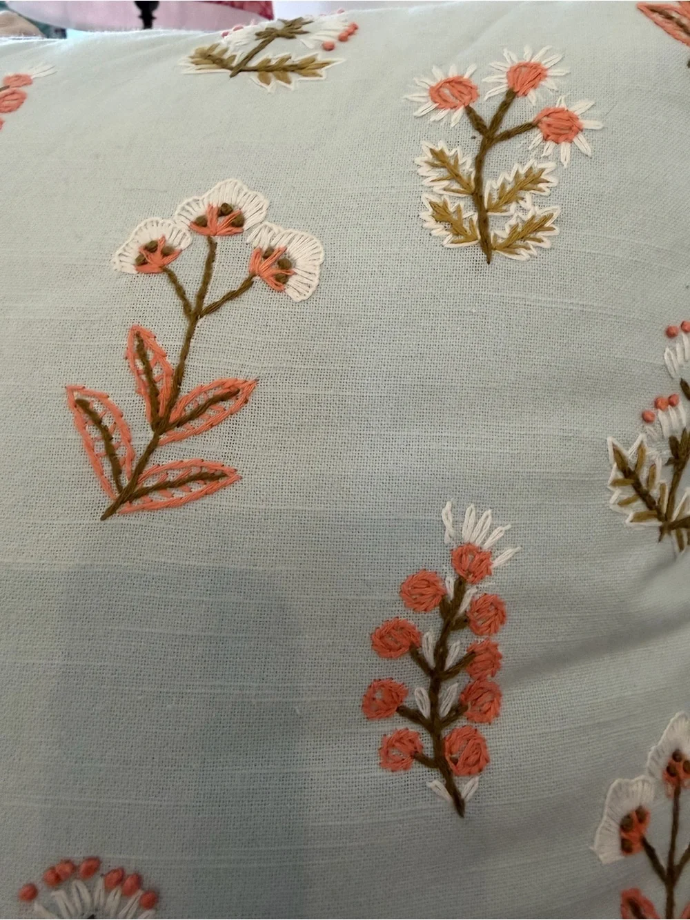 2 Anthropologie Embroidered Floral Accent Pillow - Light Blue Coral